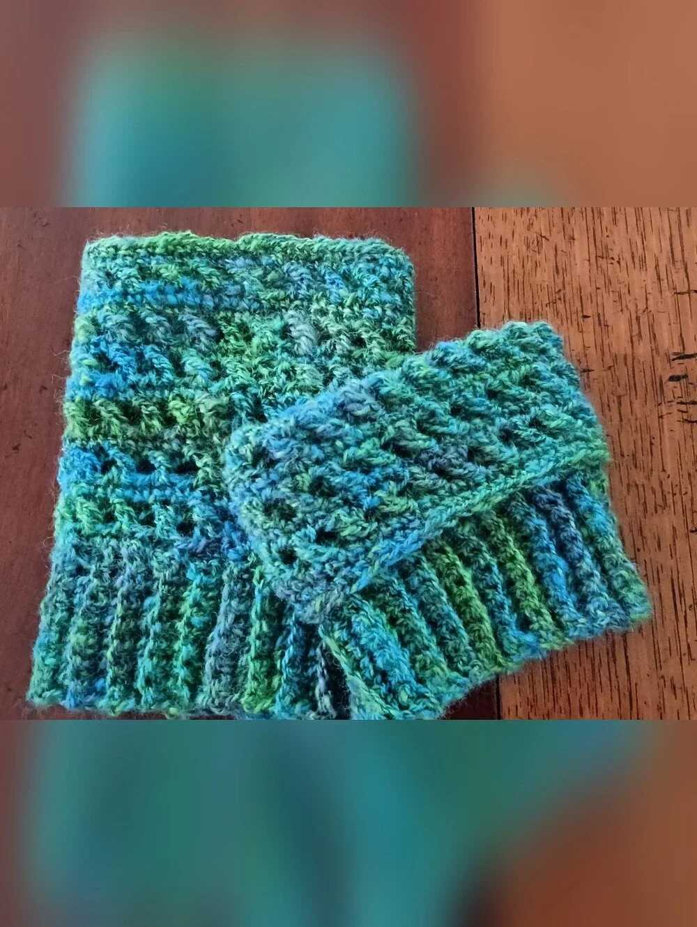 Artisan made Crochet Homespun Wool Green Blue Cuffs